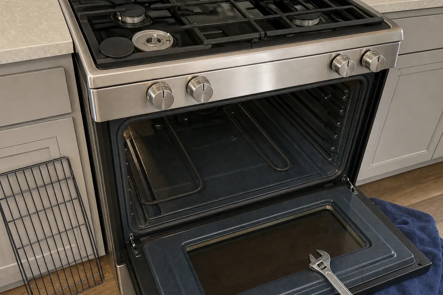 Open oven cavity with the upper heating element in view and an adjustable wrench resting on the door